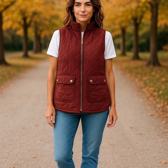 Women's Quilted Vest - Burgundy - Picture 1 of 5